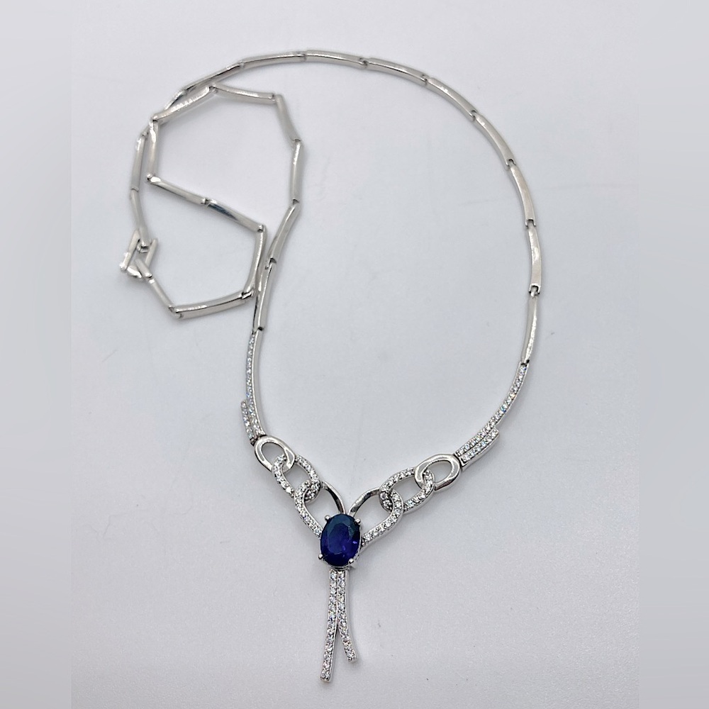 Vtg Sterling Silver Blue & White CZ Drop Fancy Chain Necklace 19”